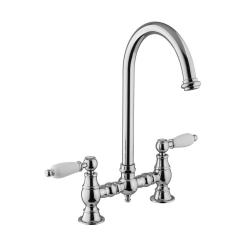 Grifo de cocina PB Nostalgic Bridge Caño redondo cromado con palancas blancas PBN.CHR.R.WH