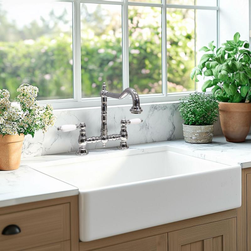 Grifo de cocina PB Nostalgic Bridge Caño en ángulo cromado con palancas blancas PBN.CHR.H.WH