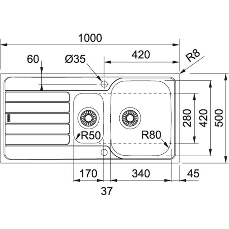Fregadero Franke Spark SKX 651 de un seno y medio de acero inoxidable sobre encimera con escurridor reversible 101.0315.546