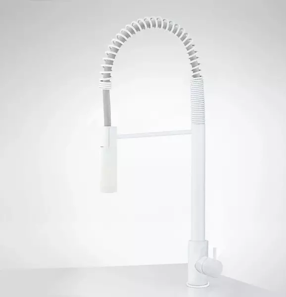 Grifo monomando de cocina semiprofesional Waterevolution Flow blanco mate con columna y muelle T157BR