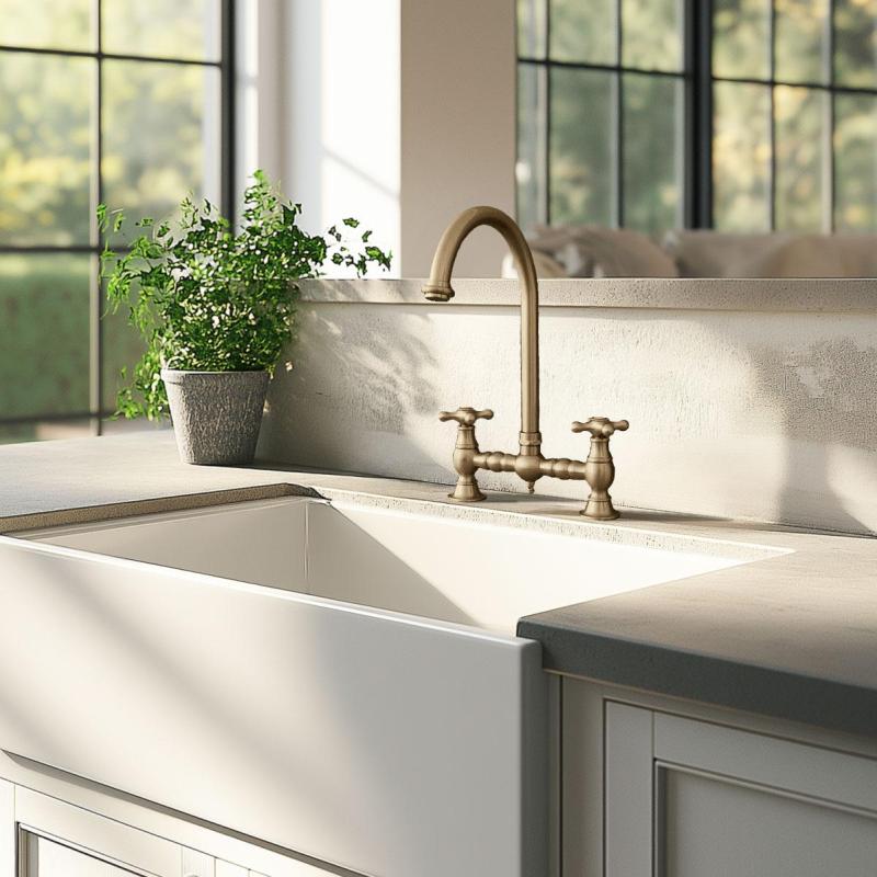 Grifo de cocina PB Nostalgic Bridge caño redondo bronce con pomos fuertes PBN.BRO.R.ST