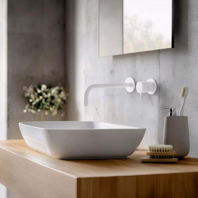 Grifo empotrado para lavabo Watervolution Flow, blanco mate, con caño de 21 cm T116BBR-21