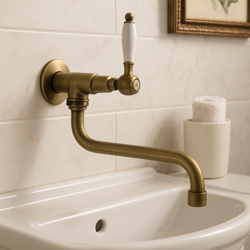Grifo de lavabo PB Classic mural con palanca blanca agua fría y caño largo color bronce 1208853602