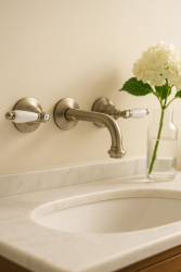 Grifo empotrado de pared clásico PB con manijas blancas, caño de 16 cm, acero inoxidable 1208854342