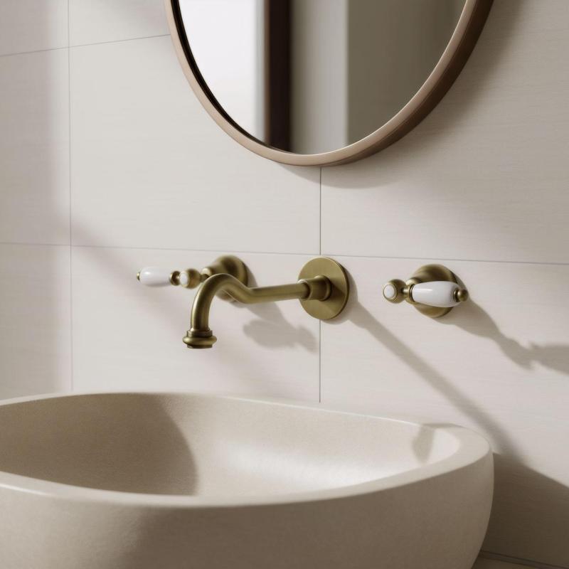 Grifo clásico empotrado en la pared PB con manijas blancas, salida de 25 cm, Bronce 1208854392