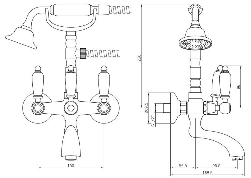 Grifo mezclador PB Classic para bañera con palancas blancas cromado y teleducha 1208854412
