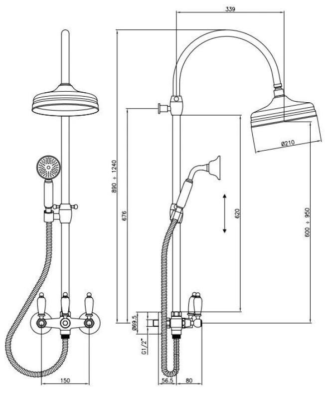 Conjunto de ducha PB Classic de montaje en superficie con columna de ducha telescópica y efecto lluvia acero inoxidable 1208854892