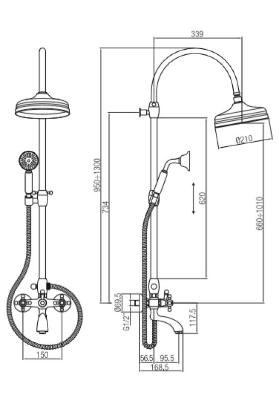 Conjunto de ducha PB Classic para baño de montaje en superficie con manetas de estrella y efecto lluvia bronce 1208855872