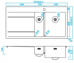 Fregadero Caressi de acero inoxidable de 1,5 a la derecha con escurridor a la izquierda CAPP1534ABR B101xL52 sobre encimera, bajo encimera y enrasado 1208921301