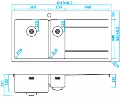 Fregadero Caressi de acero inoxidable de 1,5 a la izquierda con escurridor a la derecha CAPP3415ABL B101xL52 de montaje sobre encimera, bajo encimera y enrasado 1208921302