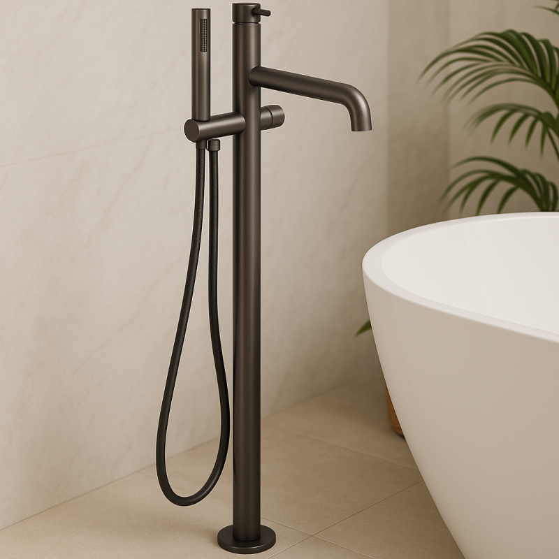 Grifo mezclador Waterevolution Flow de pie para bañera independiente con teleducha gris plomo T133GME
