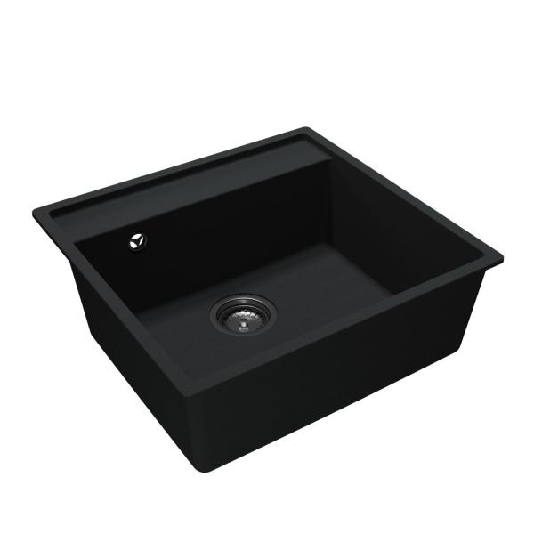 GraniteMy Bremen fregadero de granito 53x50 cm negro para montaje superior, bajo encimera y a ras de encimera con plataforma para grifo CON TAPÓN DE ACERO INOXIDABLE