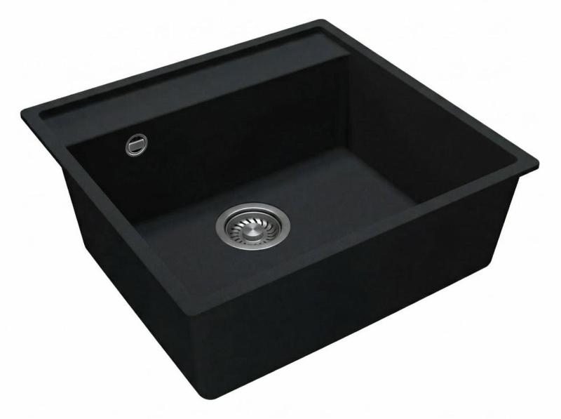 GraniteMy Bremen fregadero de granito 53x50 cm negro para montaje superior, bajo encimera y a ras de encimera con plataforma para grifo CON TAPÓN DE ACERO INOXIDABLE
