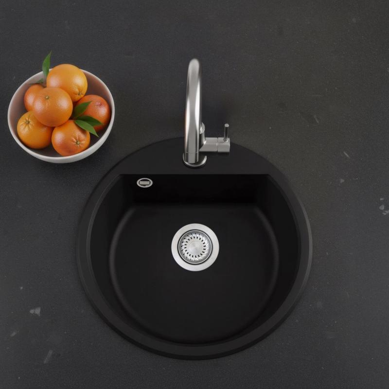 Fregadero redondo de granito GraniteMy Bremen de 43 cm negro sobre encimera y bajo encimera con orificio para grifo de banco con tapón de acero inoxidable 1208953206