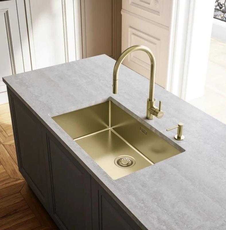 Grifo de cocina Franke dorado Eos Neo con caño extraíble efecto spray pvd dorado 115.0681.244