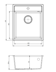 GraniteMy Bremen Fregadero de Granito 44x52 cm Negro – Montaje Superior, Bajo Encimera y Al Nivel de la Encimera con Plataforma para Grifo y Tapón de Acero Inoxidable 1208953861