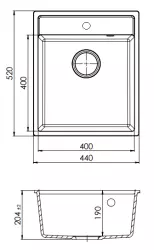 GraniteMy Bremen fregadero de granito 44x52 cm negro para montaje superior, bajo encimera e integrado, con plataforma para grifo 1208953870.