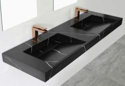 Doble lavabo de mármol sólido-S de superficie sólida en mármol negro mate sin orificio para grifo con cubierta sólida B180xD45xH8 1208953889.