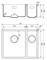 Fregadero Lorreine 3415BQ-FU negro de cuarzo de un seno y medio 3415cm enrasado y bajo encimera con tapón rejilla negro 1208954008