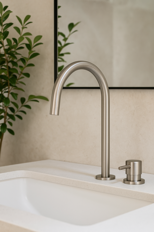 Grifo de lavabo Watervolution Flow de 2 orificios, totalmente de acero inoxidable, con caño alto de 200 mm T1122UIE