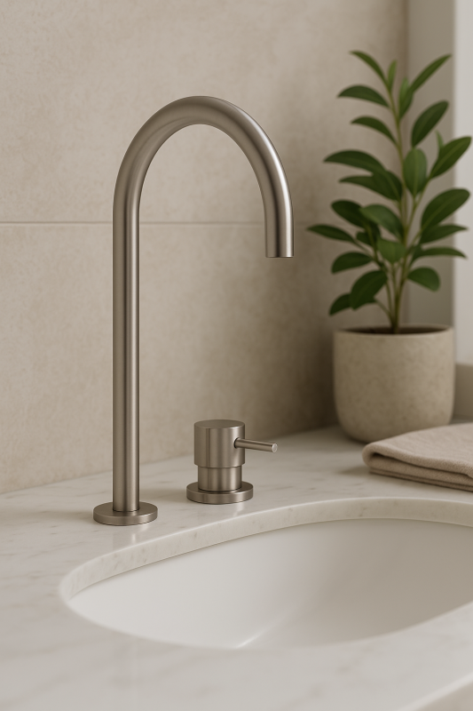 Grifo de lavabo Watervolution Flow de 2 orificios, totalmente de acero inoxidable, con caño alto de 200 mm T1122UIE