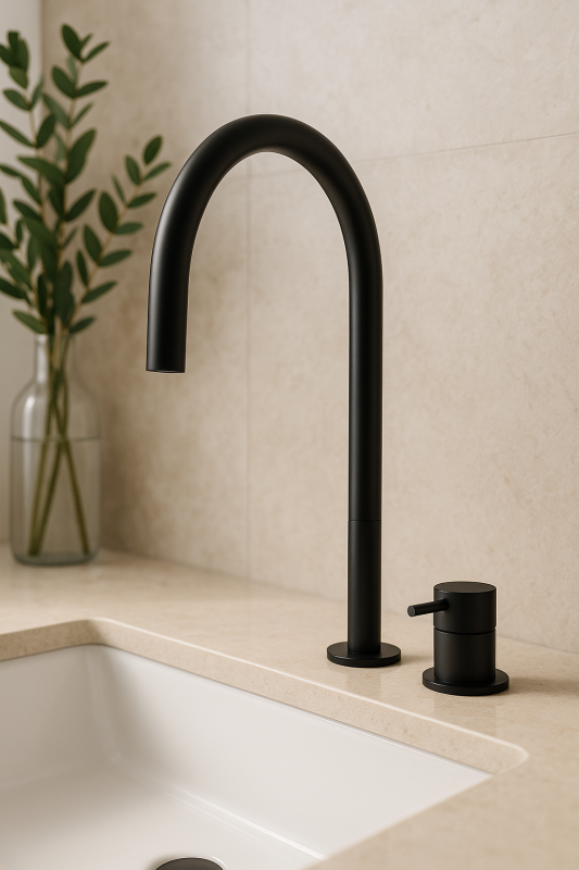 Grifo de lavabo Watervolution Flow de 2 orificios, negro, con caño alto de 200 mm T1122UPR