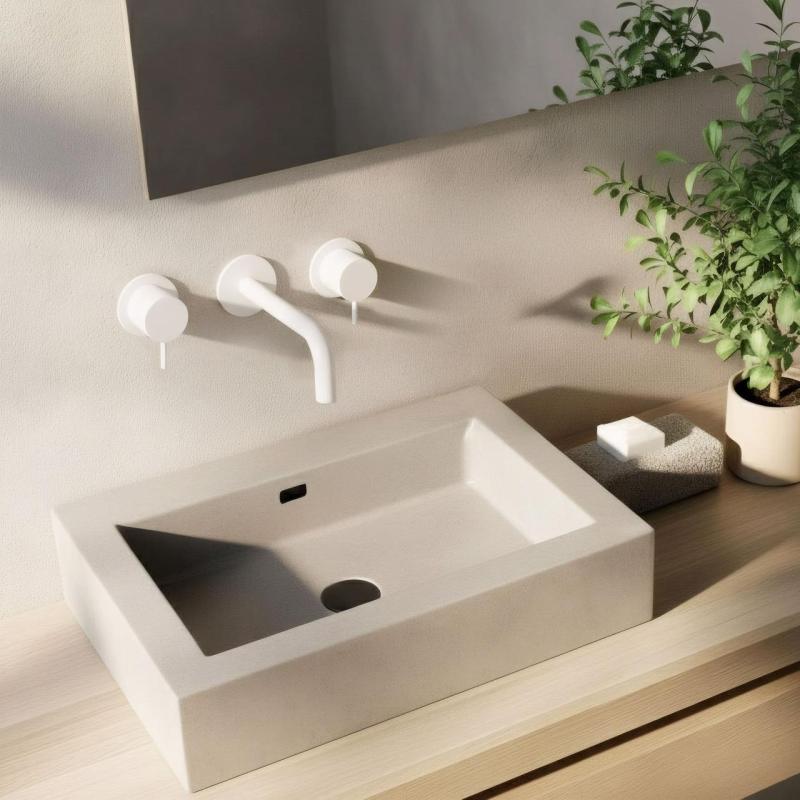 Waterevolution Flow Grifo de lavabo empotrado de 3 orificios Blanco mate con caño de 10 cm T1163FBR-10