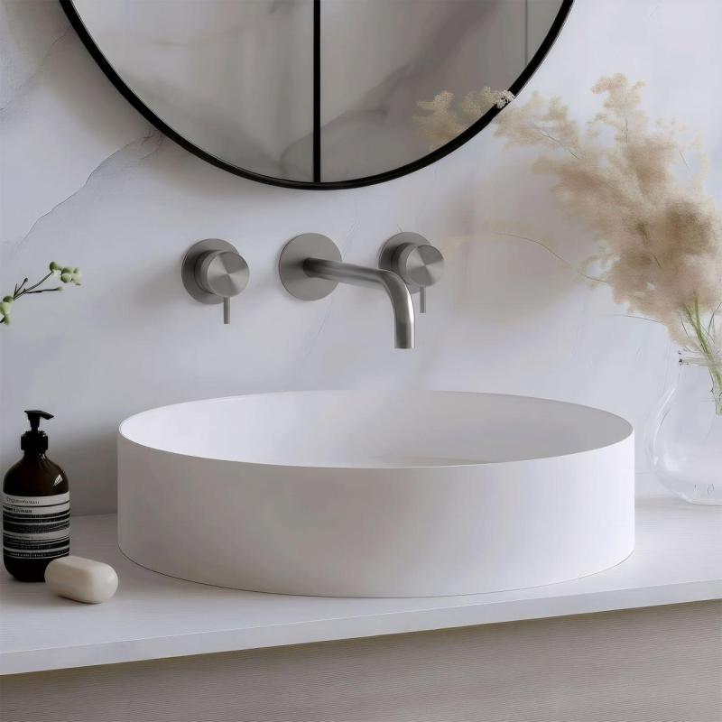 Grifo de lavabo empotrado Waterrevolution Flow de 3 orificios, totalmente de acero inoxidable, con caño de 15 cm T1163FIE-15