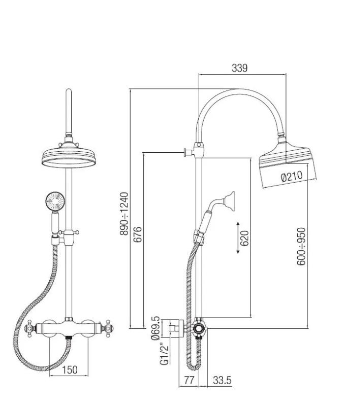 Columna de ducha PB Classic con grifo mezclador termostático y efecto lluvia acero inoxidable