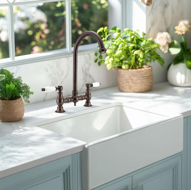 Grifo de cocina PB Nostalgic Bridge caño redondo bronce oscuro con palancas blancas 1208954665