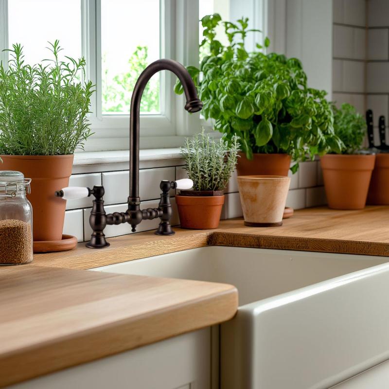 Mezclador de cocina PB Nostalgic Bridge con caño redondo de cobre oscuro y palancas blancas 1208954666