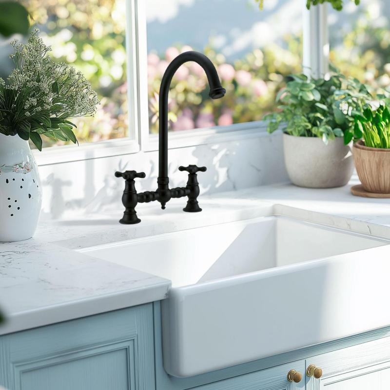 Grifo de cocina PB Nostalgic Bridge negro mate caño redondo con manillas de estrella 1208954671