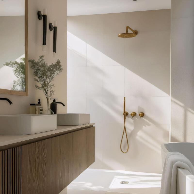 Conjunto de ducha Waterevolution Flow empotrado con termostato efecto lluvia y teleducha latón pulido