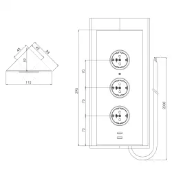 Columna de alimentación Indux 3ST29 con 3 tomas de corriente y 2 tomas usb acero inoxidable