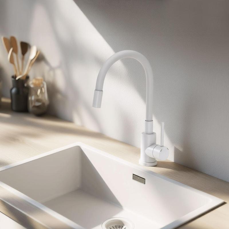 Grifo mezclador de cocina Quadri Bristol blanco mate con caño flexible blanco 1208956028