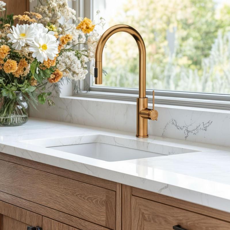 Grifo mezclador de cocina Quadri Retford de cobre con caño extraíble y posición de rociado 1208956086