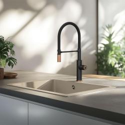 Kraan Quadri Retford voor de keuken in zwart met koperen afwerking en flexibele zwarte uitloop 1208956091.
