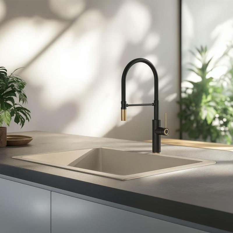 Quadri Retford Grifo de Cocina Negro con Acabado Dorado y Caño Flexible Negro 1208956092