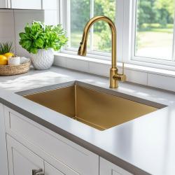 Grifo mezclador de cocina Quadri Stamford dorado con caño extraíble y posición de rociado 1208956093