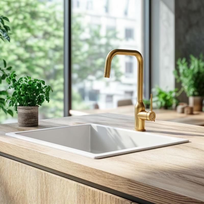 Mezclador de cocina Quadri Stamford dorado pvd con caño giratorio en ángulo 1208956098