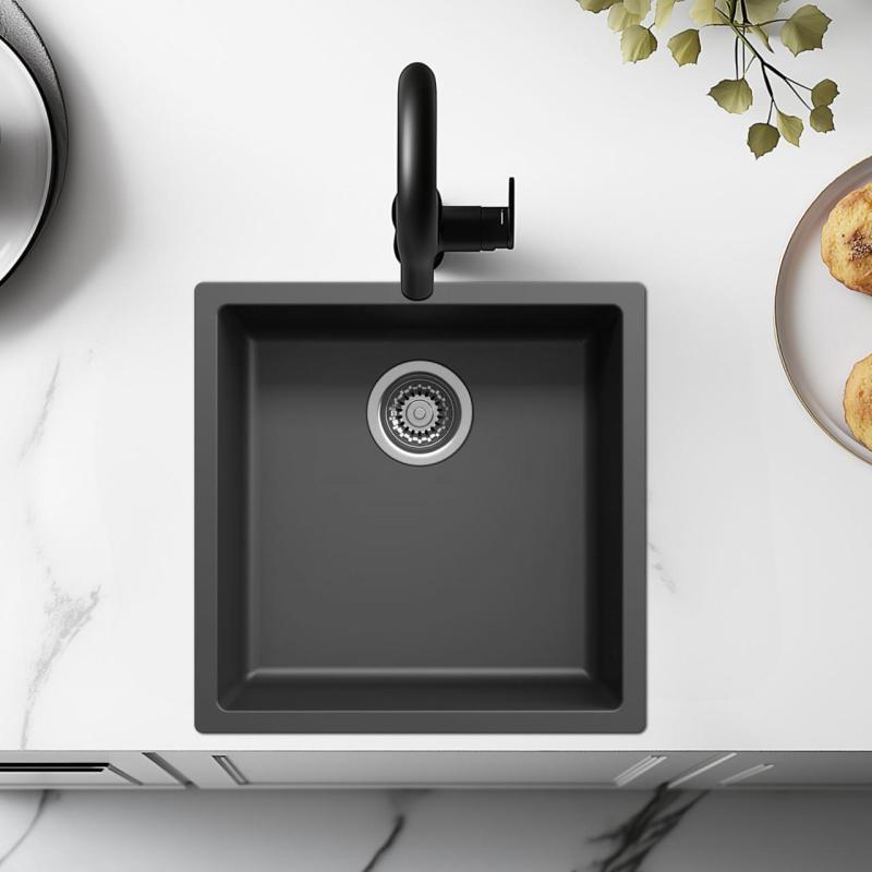 Fregadero negro 40x40cm de montaje bajo encimera, sobre encimera y enrasado con tapón de acero inoxidable 1208956390