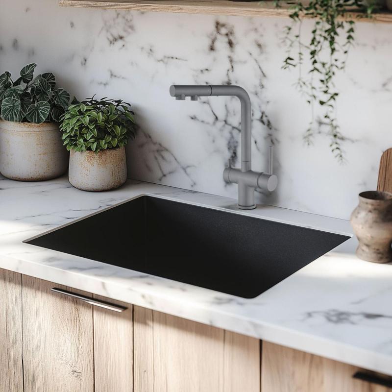 Fregadero negro 50x40cm sobre encimera, bajo encimera  y enrasado con tapón negro 1208956396