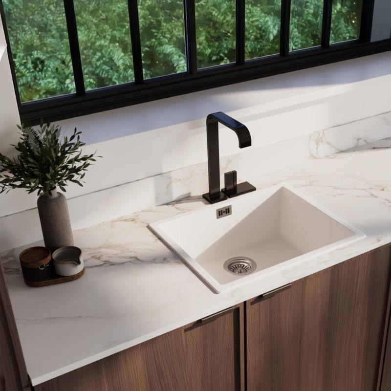 Fregadero blanco 50x40cm bajo encimera, sobre encimera y enrasado con tapón de acero inoxidable 1208956397