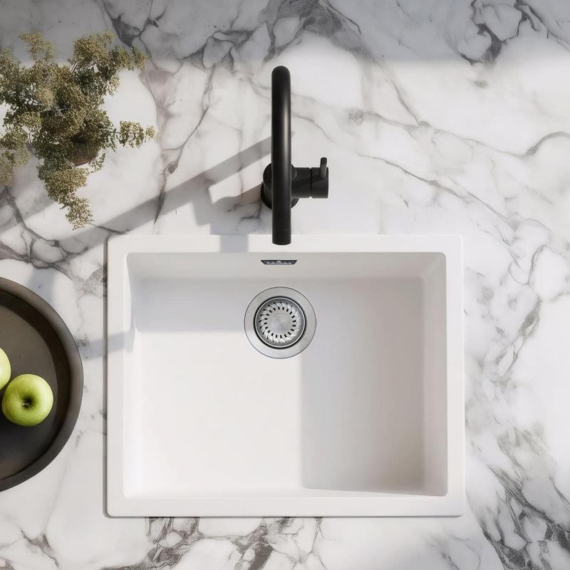 Fregadero blanco 50x40cm bajo encimera, sobre encimera y enrasado con tapón de acero inoxidable 1208956397