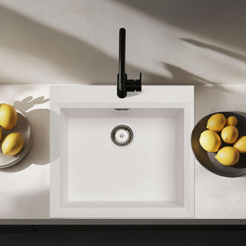 Fregadero sobre encimera blanco 58x53cm con orificio para grifo de banco con tapón de acero inoxidable 1208956