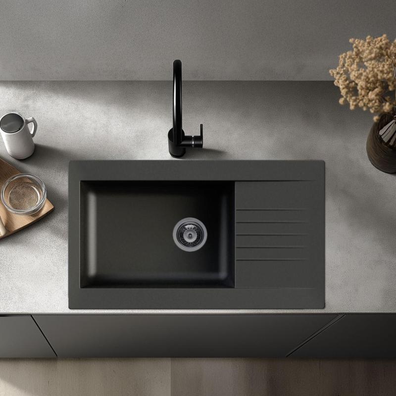 Fregadero grande Ausmann Fibre de fibra de vidrio negro reversible con escurridor sobre encimera 86x50 cm 1208956779