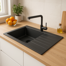 Fregadero grande Ausmann Fibre de fibra de vidrio negro reversible con escurridor sobre encimera 86x50 cm con tapón negro 1208956781