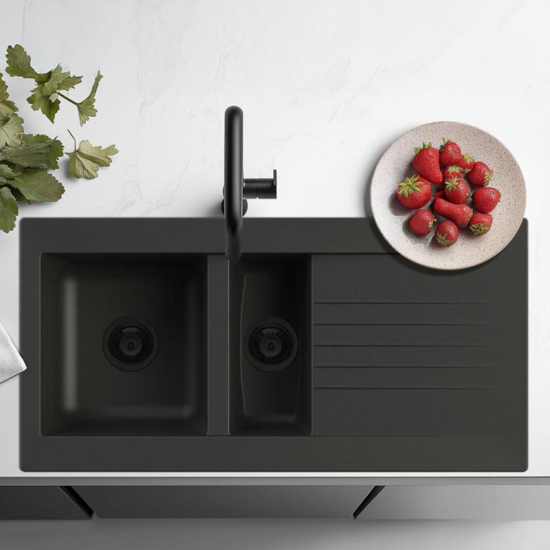 Ausmann Fibre 1,5 fregadero reversible de plástico negro con escurridor, montaje sobre encimera, 100 x 50 cm, con tapón negro 1208956784