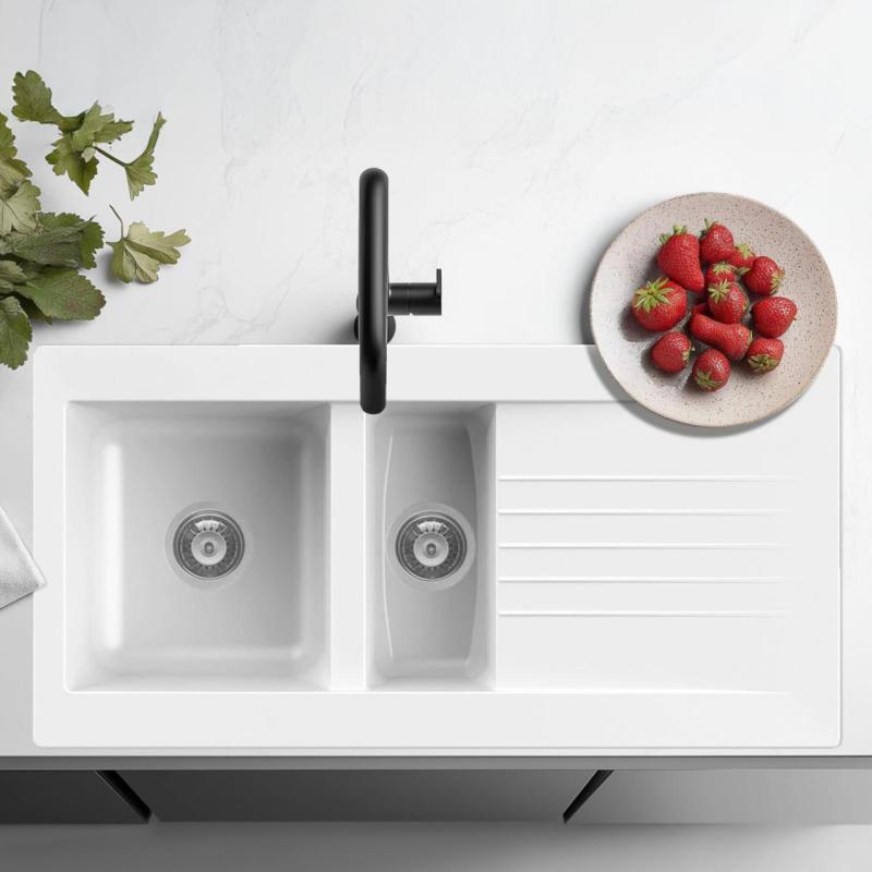 Fregadero Ausmann Fibre de un seno y medio reversible de fibra de vidrio blanco con escurridor sobre encimera 100x50 cm 1208956786