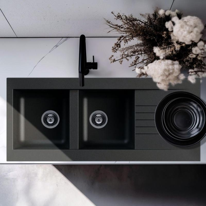 Fregadero doble Ausmann Fibre de fibra de vidrio negro reversible con escurridor sobre encimera 116x50 cm 1208956787